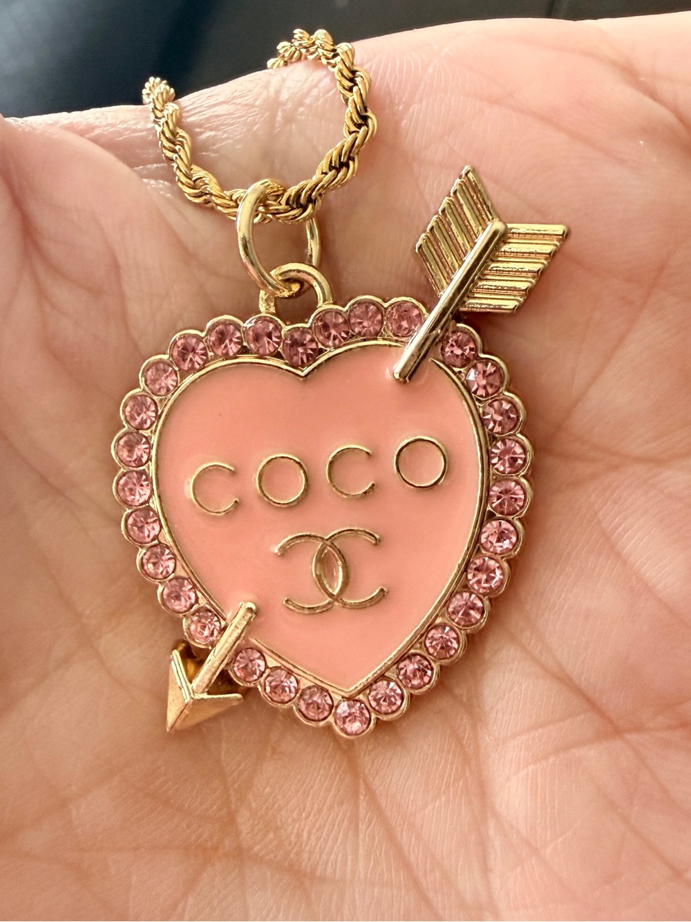 Authentic EUC Double CC 
stamped pink enamel heart 
Pull on 18k 18” rope chain
